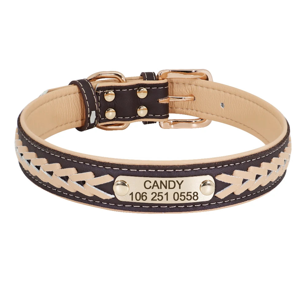 Chic Personalized Leather Padded Dog Collars with inlaid Braids. Fully Customizable! Free Engraving on Nameplate. For Small, Medium, and Large Dogs.