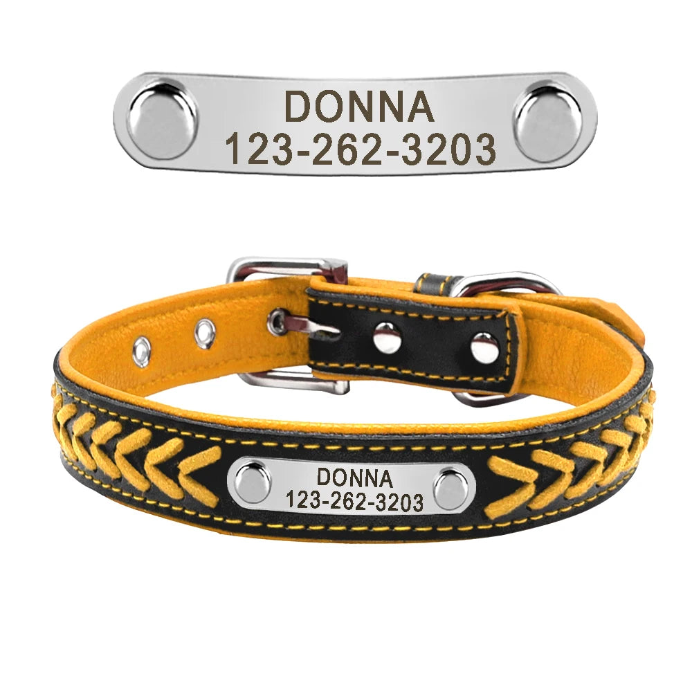 Chic Personalized Leather Padded Dog Collars with inlaid Braids. Fully Customizable! Free Engraving on Nameplate. For Small, Medium, and Large Dogs.