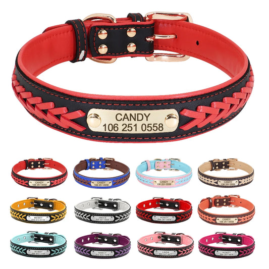 Chic Personalized Leather Padded Dog Collars with inlaid Braids. Fully Customizable! Free Engraving on Nameplate. For Small, Medium, and Large Dogs.