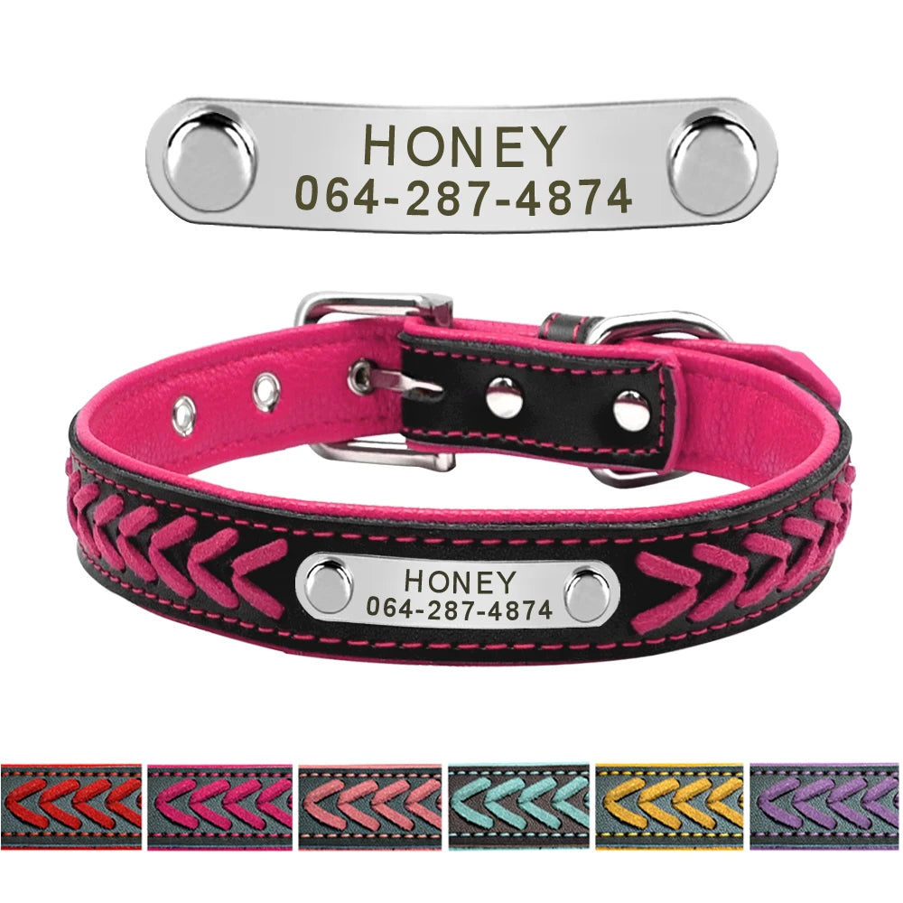 Chic Personalized Leather Padded Dog Collars with inlaid Braids. Fully Customizable! Free Engraving on Nameplate. For Small, Medium, and Large Dogs.