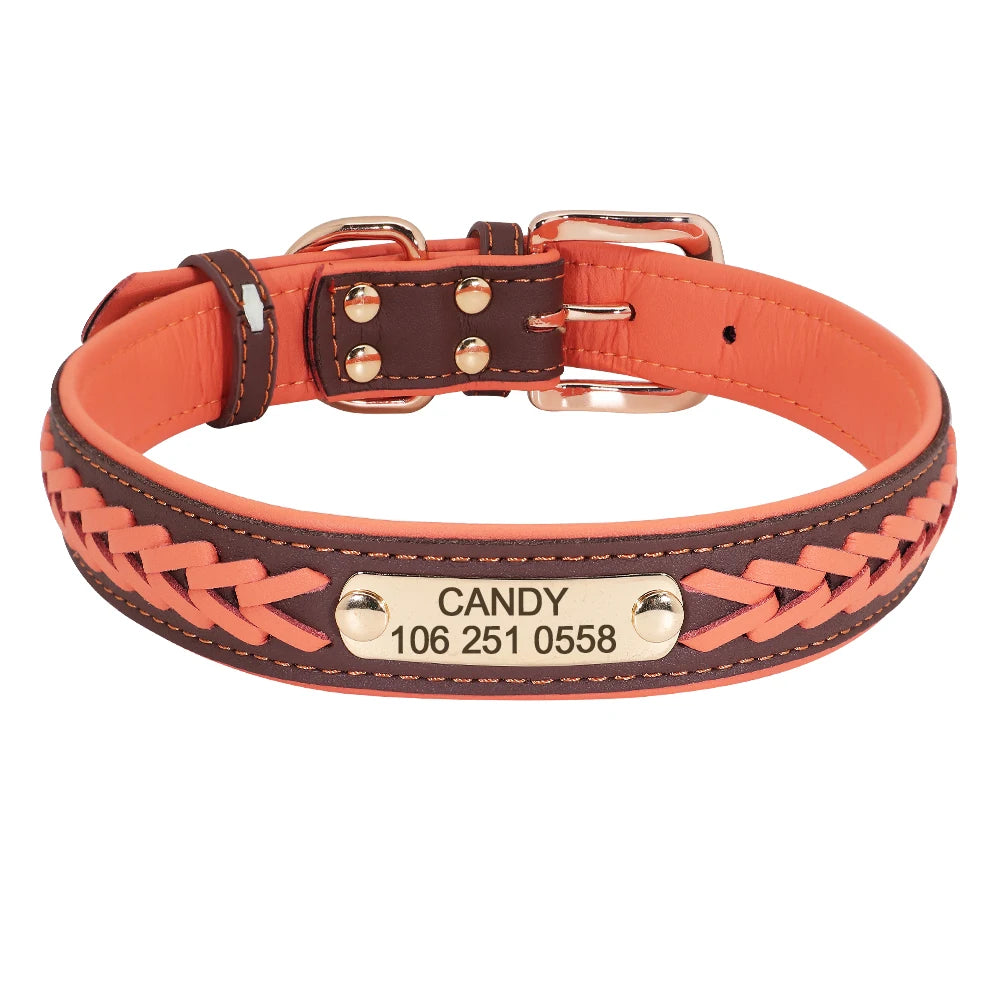 Chic Personalized Leather Padded Dog Collars with inlaid Braids. Fully Customizable! Free Engraving on Nameplate. For Small, Medium, and Large Dogs.