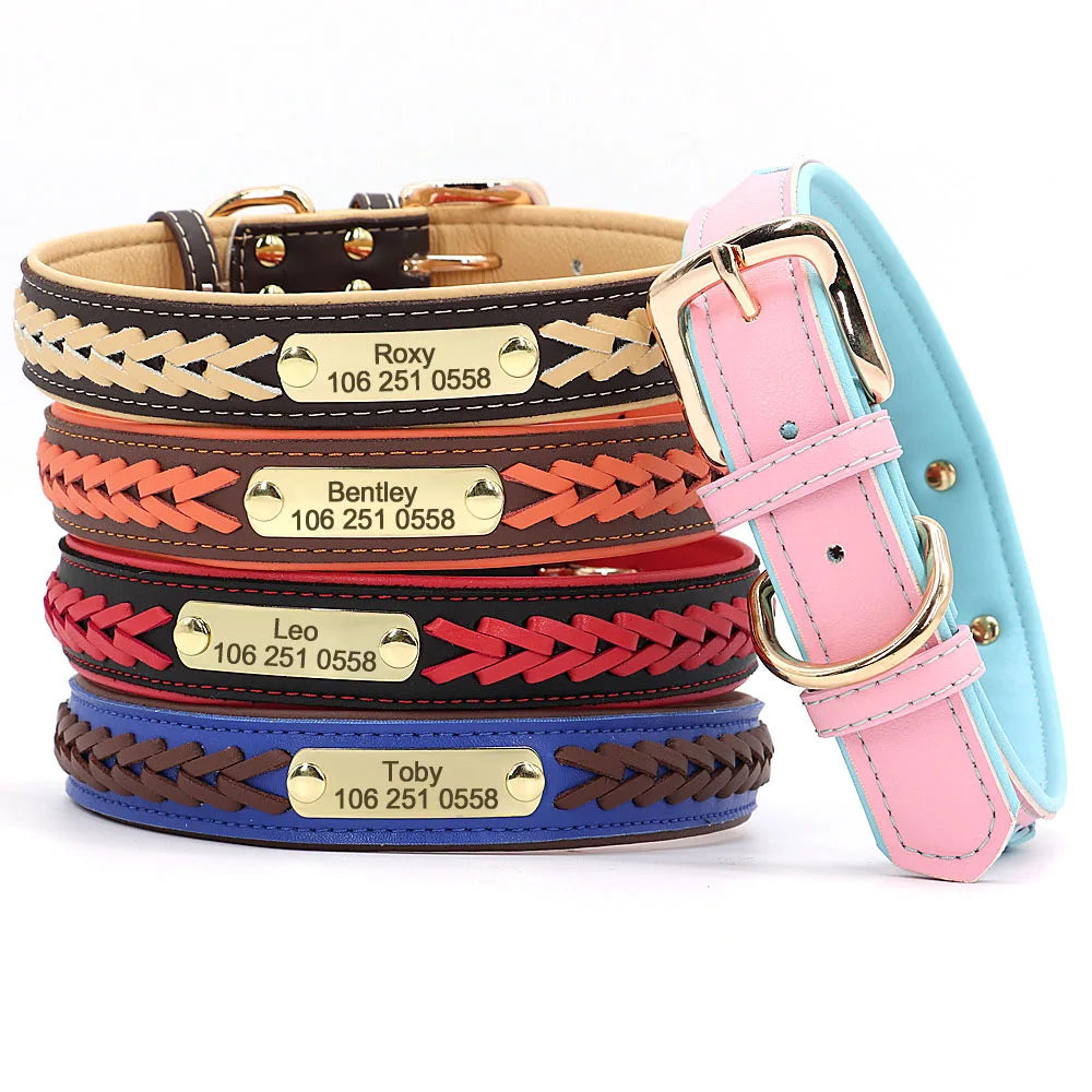 Chic Personalized Leather Padded Dog Collars with inlaid Braids. Fully Customizable! Free Engraving on Nameplate. For Small, Medium, and Large Dogs.