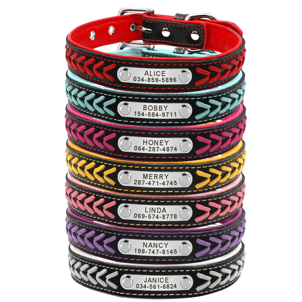 Chic Personalized Leather Padded Dog Collars with inlaid Braids. Fully Customizable! Free Engraving on Nameplate. For Small, Medium, and Large Dogs.