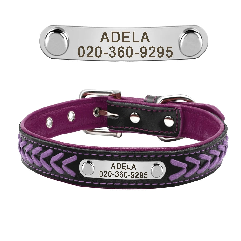 Chic Personalized Leather Padded Dog Collars with inlaid Braids. Fully Customizable! Free Engraving on Nameplate. For Small, Medium, and Large Dogs.