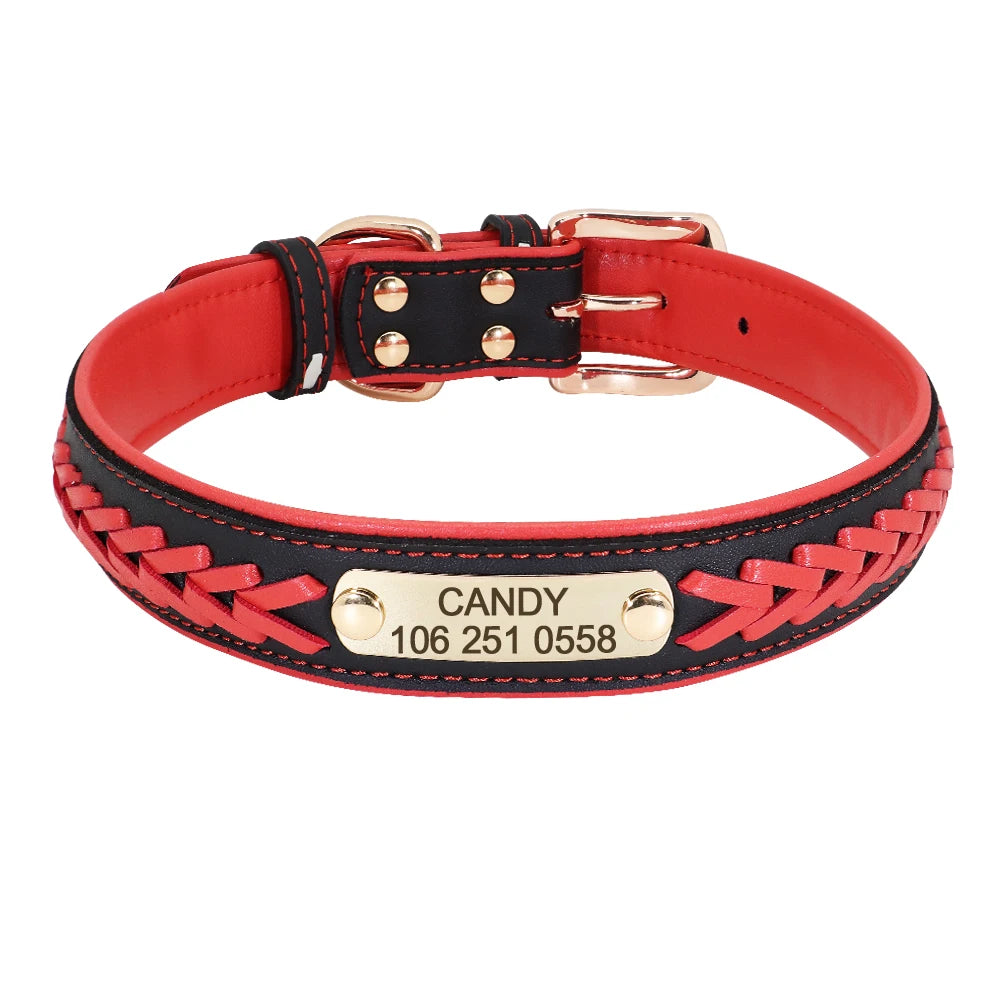 Chic Personalized Leather Padded Dog Collars with inlaid Braids. Fully Customizable! Free Engraving on Nameplate. For Small, Medium, and Large Dogs.