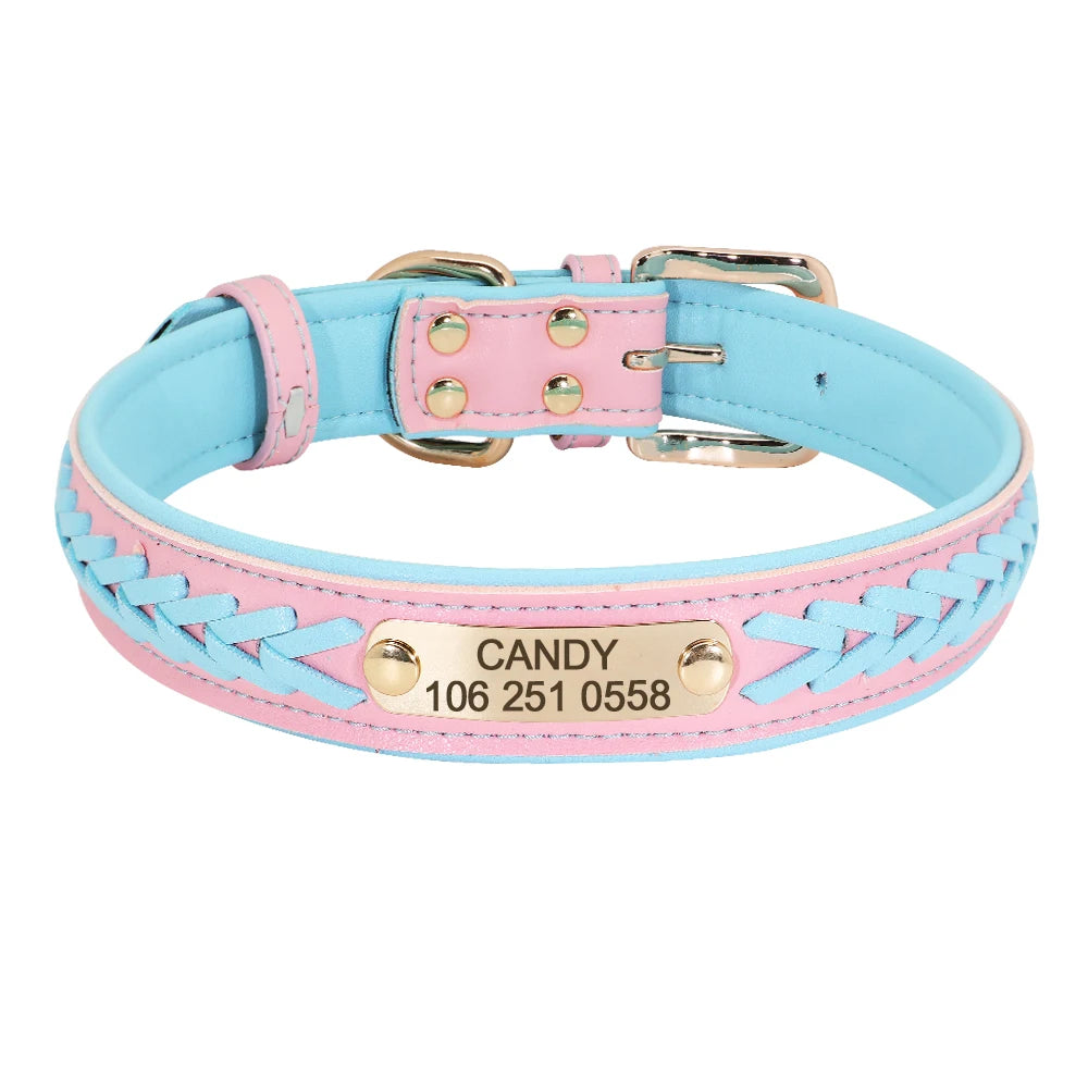 Chic Personalized Leather Padded Dog Collars with inlaid Braids. Fully Customizable! Free Engraving on Nameplate. For Small, Medium, and Large Dogs.