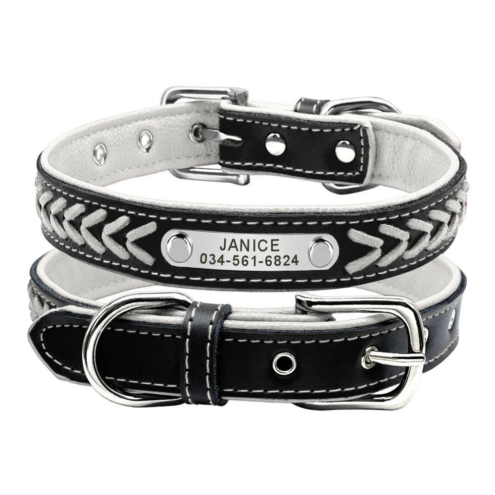 Chic Personalized Leather Padded Dog Collars with inlaid Braids. Fully Customizable! Free Engraving on Nameplate. For Small, Medium, and Large Dogs.