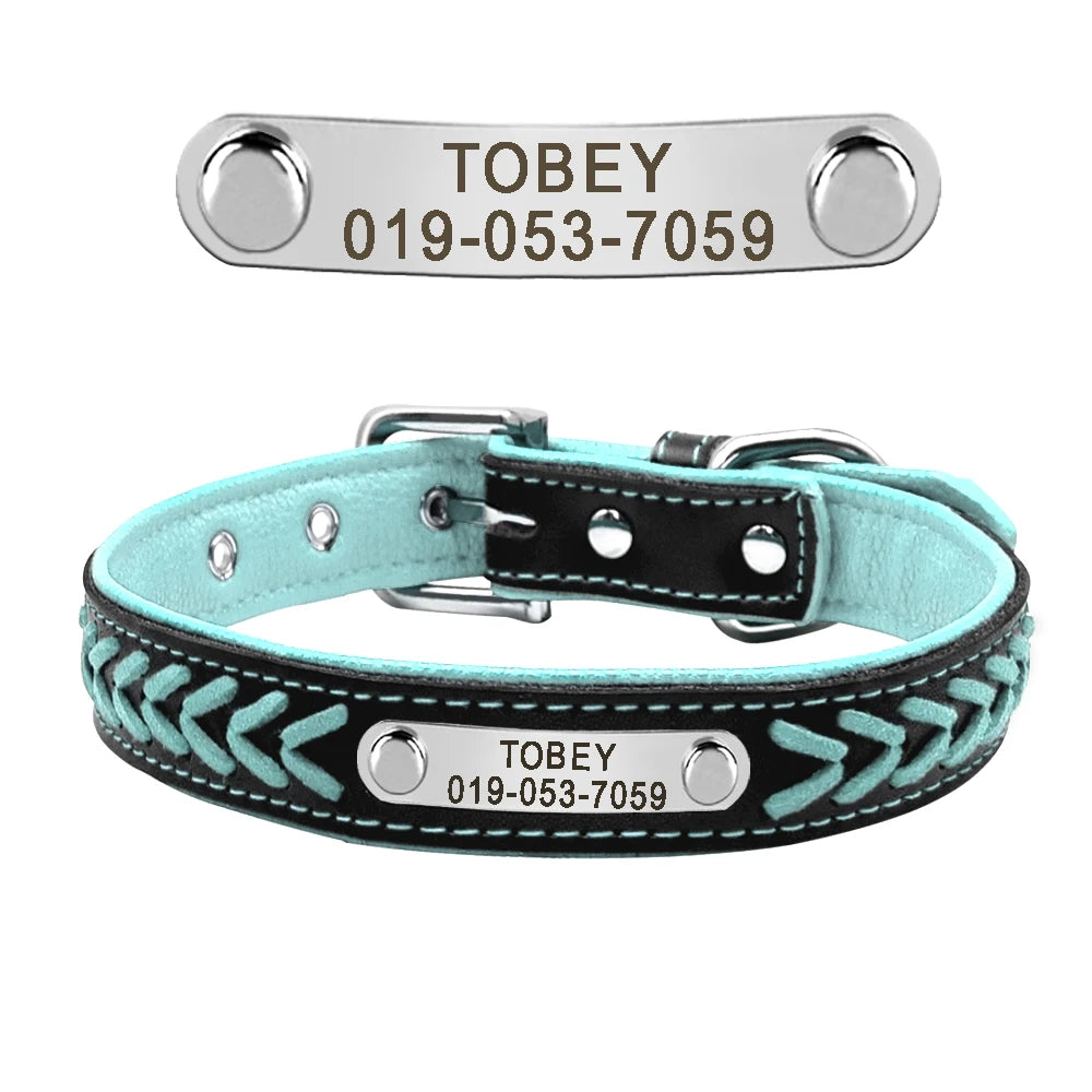 Chic Personalized Leather Padded Dog Collars with inlaid Braids. Fully Customizable! Free Engraving on Nameplate. For Small, Medium, and Large Dogs.