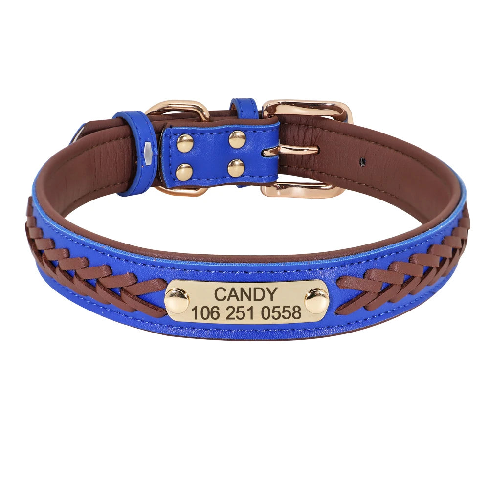 Chic Personalized Leather Padded Dog Collars with inlaid Braids. Fully Customizable! Free Engraving on Nameplate. For Small, Medium, and Large Dogs.