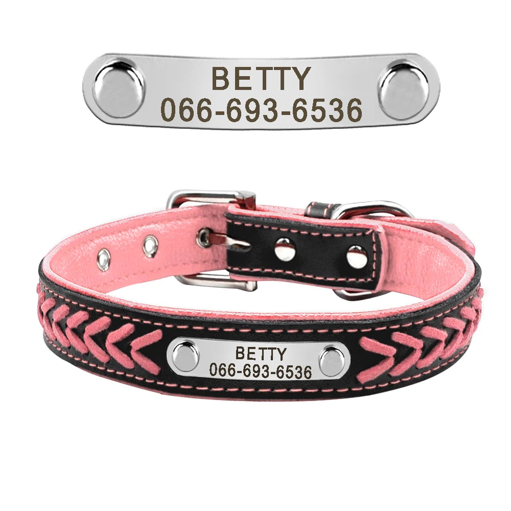 Chic Personalized Leather Padded Dog Collars with inlaid Braids. Fully Customizable! Free Engraving on Nameplate. For Small, Medium, and Large Dogs.